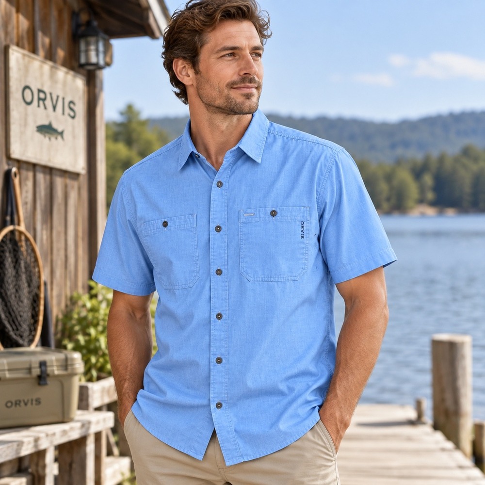 Orvis Mens XL Blue Short Sleeve Button Down Performance Fishing Shirt RN 70534